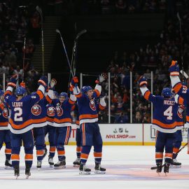 Dec 1, 2018; Uniondale, NY, USA; The New York Islanders acknowledge their fans after defeating the Columbus Blue Jackets at Nassau Veterans Memorial Coliseum. Mandatory Credit: Brad Penner-USA TODAY Sports