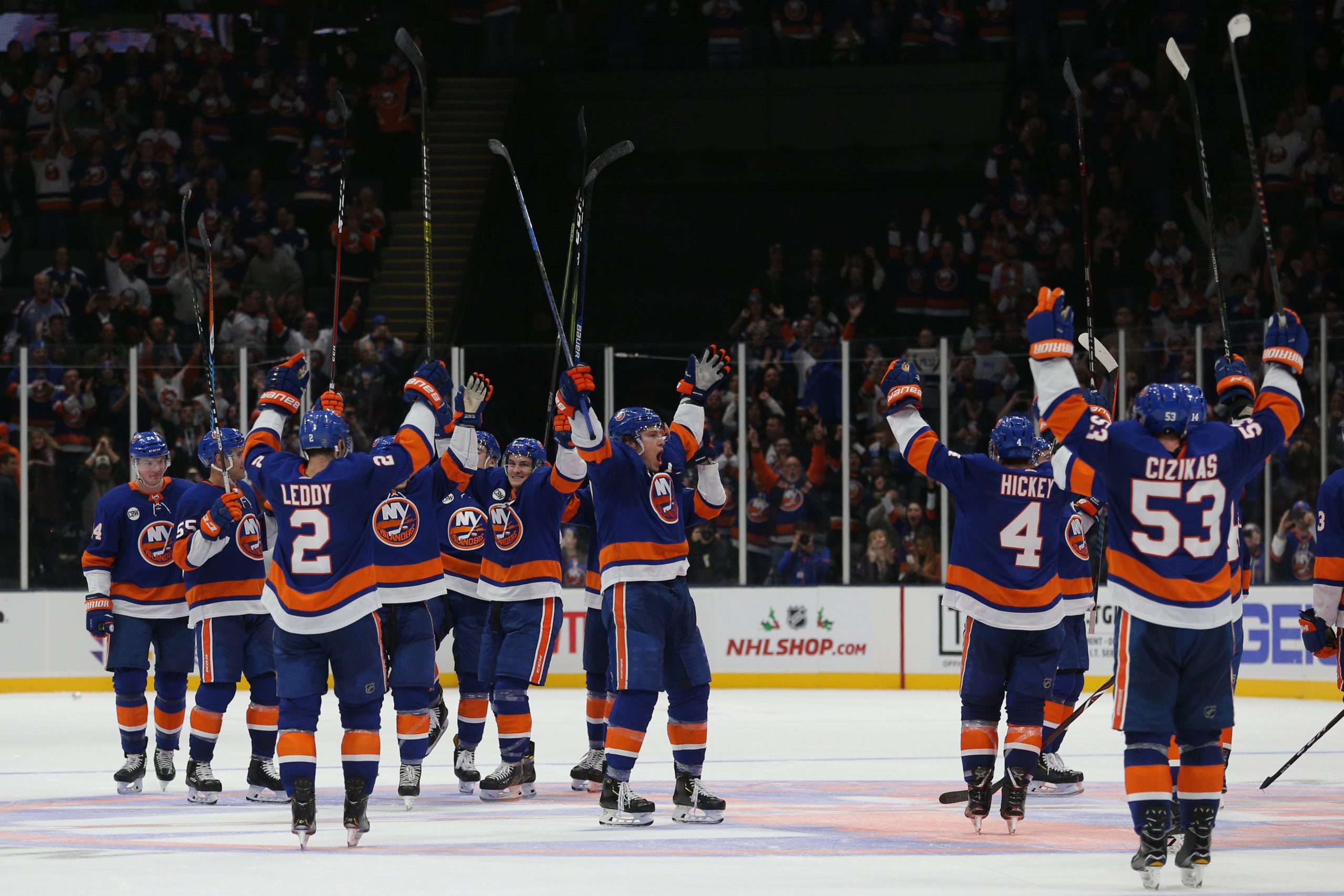 Dec 1, 2018; Uniondale, NY, USA; The New York Islanders acknowledge their fans after defeating the Columbus Blue Jackets at Nassau Veterans Memorial Coliseum. Mandatory Credit: Brad Penner-USA TODAY Sports