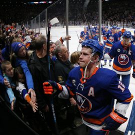 Dec 1, 2018; Uniondale, NY, USA; The New York Islanders are greeted by fans as they leave the ice after defeating the Columbus Blue Jackets at Nassau Veterans Memorial Coliseum. Mandatory Credit: Brad Penner-USA TODAY Sports