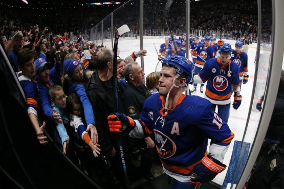 Dec 1, 2018; Uniondale, NY, USA; The New York Islanders are greeted by fans as they leave the ice after defeating the Columbus Blue Jackets at Nassau Veterans Memorial Coliseum. Mandatory Credit: Brad Penner-USA TODAY Sports