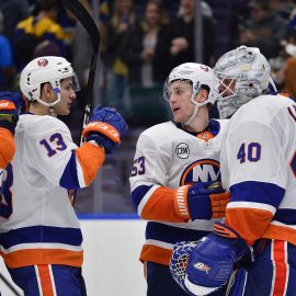 Jan 5, 2019; St. Louis, MO, USA; New York Islanders goaltender Robin Lehner (40) celebrates with center Casey Cizikas (53) and center Mathew Barzal (13) and right wing Jordan Eberle (7) after the Islanders defeated the St. Louis Blues at Enterprise Center. Mandatory Credit: Jeff Curry-USA TODAY Sports