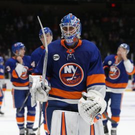 Jan 8, 2019; Uniondale, NY, USA; New York Islanders goalie Thomas Greiss (1) leaves the ice after losing to the Carolina Hurricanes at Nassau Veterans Memorial Coliseum. Mandatory Credit: Brad Penner-USA TODAY Sports