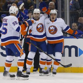 Jan 10, 2019; New York, NY, USA; New York Islanders center Mathew Barzal (13) celebrates after scoring a goal against the New York Rangers during the first period at Madison Square Garden. Mandatory Credit: Noah K. Murray-USA TODAY Sports