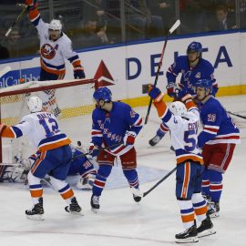 Jan 10, 2019; New York, NY, USA; New York Islanders right wing Josh Bailey (12) scores a goal the game winning goal against New York Rangers goaltender Henrik Lundqvist (30) during the third period at Madison Square Garden. The New York Islanders won 4-3.