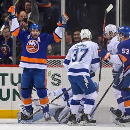 Jan 13, 2019; Brooklyn, NY, USA; New York Islanders right wing Cal Clutterbuck (15) celebrates his goal against theTampa Bay Lightning during the first period at Barclays Center. Mandatory Credit: Dennis Schneidler-USA TODAY Sports