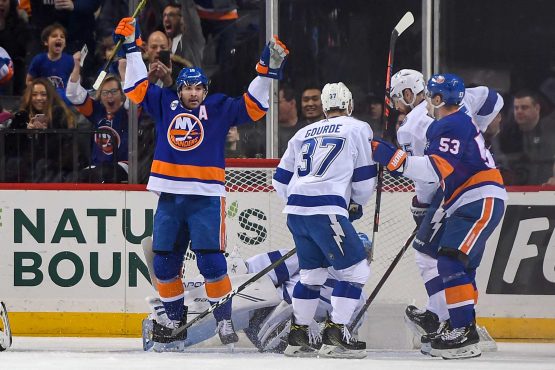 Jan 13, 2019; Brooklyn, NY, USA; New York Islanders right wing Cal Clutterbuck (15) celebrates his goal against theTampa Bay Lightning during the first period at Barclays Center. Mandatory Credit: Dennis Schneidler-USA TODAY Sports