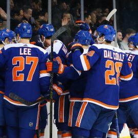 Jan 15, 2019; Brooklyn, NY, USA; The New York Islanders celebrate after defeating the St. Louis Blues in overtime at Barclays Center. Mandatory Credit: Andy Marlin-USA TODAY Sports