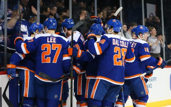 Jan 15, 2019; Brooklyn, NY, USA; The New York Islanders celebrate after defeating the St. Louis Blues in overtime at Barclays Center. Mandatory Credit: Andy Marlin-USA TODAY Sports