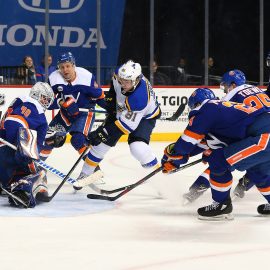 Jan 15, 2019; Brooklyn, NY, USA; New York Islanders goaltender Robin Lehner (40) defends the net against the St. Louis Blues during the third period at Barclays Center. Mandatory Credit: Andy Marlin-USA TODAY Sports