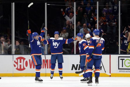 Jan 20, 2019; Uniondale, NY, USA; New York Islanders right wing Cal Clutterbuck (15) celebrates the second of his two first period goals against the Anaheim Ducks with teammates during the first period at Nassau Veterans Memorial Coliseum. Mandatory Credit: Brad Penner-USA TODAY Sports