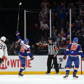 Jan 20, 2019; Uniondale, NY, USA; New York Islanders right wing Cal Clutterbuck (15) celebrates one of his two first period goals against the Anaheim Ducks during the first period at Nassau Veterans Memorial Coliseum. Mandatory Credit: Brad Penner-USA TODAY Sports