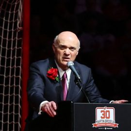 Feb 9, 2016; Newark, NJ, USA; Former New Jersey Devils GM Lou Lamoriello speaks during the number retirement ceremony for former New Jersey Devils goaltender Martin Brodeur at Prudential Center. Mandatory Credit: Ed Mulholland-USA TODAY Sports