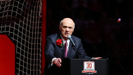 Feb 9, 2016; Newark, NJ, USA; Former New Jersey Devils GM Lou Lamoriello speaks during the number retirement ceremony for former New Jersey Devils goaltender Martin Brodeur at Prudential Center. Mandatory Credit: Ed Mulholland-USA TODAY Sports