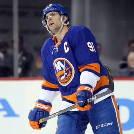 Mar 26, 2018; Brooklyn, NY, USA; New York Islanders center John Tavares (91) reacts during the second period against the Florida Panthers at Barclays Center. Mandatory Credit: Brad Penner-USA TODAY Sports