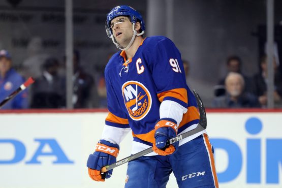 Mar 26, 2018; Brooklyn, NY, USA; New York Islanders center John Tavares (91) reacts during the second period against the Florida Panthers at Barclays Center. Mandatory Credit: Brad Penner-USA TODAY Sports