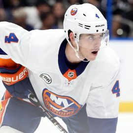 Nov 8, 2018; Tampa, FL, USA; New York Islanders defenseman Thomas Hickey (4) during the third period at Amalie Arena. Mandatory Credit: Kim Klement-USA TODAY Sports