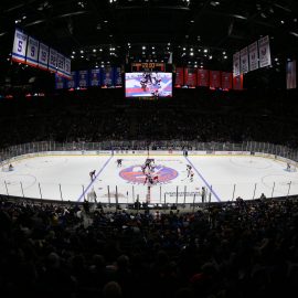 Dec 1, 2018; Uniondale, NY, USA; General view of the opening puck drop between the New York Islanders and the Columbus Blue Jackets during the first period at Nassau Veterans Memorial Coliseum. Mandatory Credit: Brad Penner-USA TODAY Sports