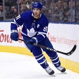 Jan 20, 2019; Toronto, Ontario, CAN; Toronto Maple Leafs forward John Tavares (91) pursues the play against Arizona Coyotes in the first period at Scotiabank Arena. Mandatory Credit: Dan Hamilton-USA TODAY Sports