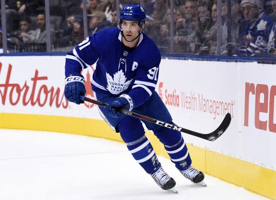 Jan 20, 2019; Toronto, Ontario, CAN; Toronto Maple Leafs forward John Tavares (91) pursues the play against Arizona Coyotes in the first period at Scotiabank Arena. Mandatory Credit: Dan Hamilton-USA TODAY Sports