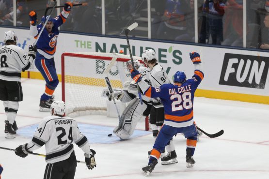Feb 2, 2019; Uniondale, NY, USA; New York Islanders left wing Michael Dal Colle (28) reacts after scoring the game winning goal against Los Angeles Kings goalie Jonathan Quick (32) during the third period at Nassau Veterans Memorial Coliseum. Mandatory Credit: Brad Penner-USA TODAY Sports
