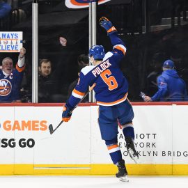 Feb 9, 2019; Brooklyn, NY, USA; New York Islanders defenseman Ryan Pulock (6) reacts after scoring in overtime against the Colorado Avalanche at Barclays Center. Mandatory Credit: Catalina Fragoso-USA TODAY Sports