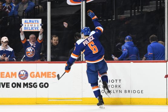 Feb 9, 2019; Brooklyn, NY, USA; New York Islanders defenseman Ryan Pulock (6) reacts after scoring in overtime against the Colorado Avalanche at Barclays Center. Mandatory Credit: Catalina Fragoso-USA TODAY Sports