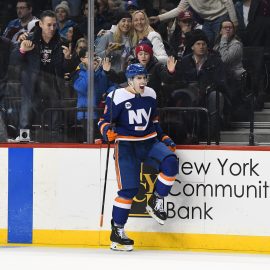 Feb 9, 2019; Brooklyn, NY, USA; New York Islanders defenseman Ryan Pulock (6) reacts after scoring in overtime against the Colorado Avalanche at Barclays Center. Mandatory Credit: Catalina Fragoso-USA TODAY Sports