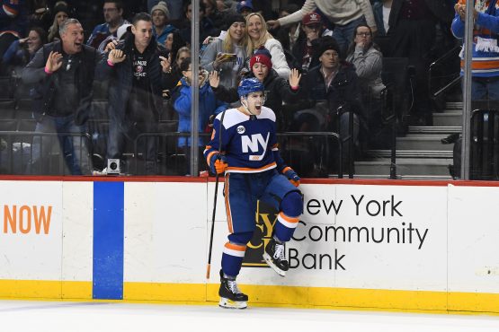 Feb 9, 2019; Brooklyn, NY, USA; New York Islanders defenseman Ryan Pulock (6) reacts after scoring in overtime against the Colorado Avalanche at Barclays Center. Mandatory Credit: Catalina Fragoso-USA TODAY Sports