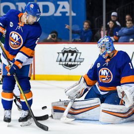 Feb 10, 2019; Brooklyn, NY, USA; New York Islanders goaltender Thomas Greiss (1) makes a save against the ]Minnesota Wild during the third period at Barclays Center. Mandatory Credit: Dennis Schneidler-USA TODAY Sports