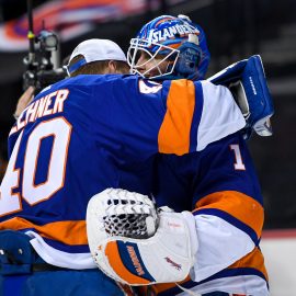 Feb 10, 2019; Brooklyn, NY, USA; New York Islanders goaltender Robin Lehner (40) celebrates with Islanders goaltender Thomas Greiss (1) after defeating the against the Minnesota Wild at Barclays Center. Mandatory Credit: Dennis Schneidler-USA TODAY Sports