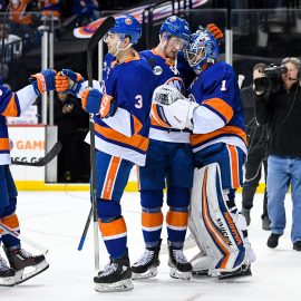 Feb 10, 2019; Brooklyn, NY, USA; New York Islanders center Brock Nelson (29) celebrates with Islanders goaltender Thomas Greiss (1) after defeating the against the Minnesota Wild at Barclays Center. Mandatory Credit: Dennis Schneidler-USA TODAY Sports