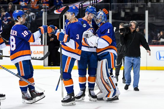 Feb 10, 2019; Brooklyn, NY, USA; New York Islanders center Brock Nelson (29) celebrates with Islanders goaltender Thomas Greiss (1) after defeating the against the Minnesota Wild at Barclays Center. Mandatory Credit: Dennis Schneidler-USA TODAY Sports