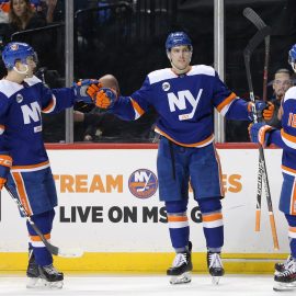 Feb 16, 2019; Brooklyn, NY, USA; New York Islanders defenseman Ryan Pulock (6) celebrates his goal against the Edmonton Oilers with defenseman Devon Toews (25) and left wing Anthony Beauvillier (18) during the second period at Barclays Center. Mandatory Credit: Brad Penner-USA TODAY Sports