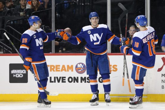 Feb 16, 2019; Brooklyn, NY, USA; New York Islanders defenseman Ryan Pulock (6) celebrates his goal against the Edmonton Oilers with defenseman Devon Toews (25) and left wing Anthony Beauvillier (18) during the second period at Barclays Center. Mandatory Credit: Brad Penner-USA TODAY Sports