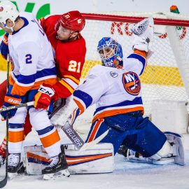 Feb 20, 2019; Calgary, Alberta, CAN; New York Islanders goaltender Thomas Greiss (1) guards his net against the Calgary Flames during the first period at Scotiabank Saddledome. Mandatory Credit: Sergei Belski-USA TODAY Sports