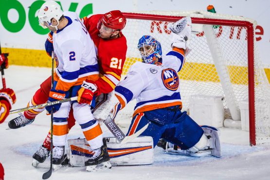 Feb 20, 2019; Calgary, Alberta, CAN; New York Islanders goaltender Thomas Greiss (1) guards his net against the Calgary Flames during the first period at Scotiabank Saddledome. Mandatory Credit: Sergei Belski-USA TODAY Sports
