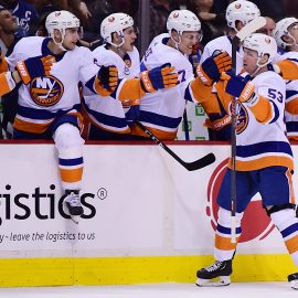 Feb 23, 2019; Vancouver, British Columbia, CAN; New York Islanders forward Casey Cizikas (53) celebrates his goal against the Vancouver Canucks during the first period at Rogers Arena. Mandatory Credit: Anne-Marie Sorvin-USA TODAY Sports