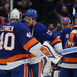 Feb 28, 2019; Brooklyn, NY, USA; New York Islanders left wing Matt Martin (17) celebrates with New York Islanders goalie Robin Lehner (40) after defeating the Toronto Maple Leafs at the Nassau Veterans Memorial Coliseum. Mandatory Credit: Brad Penner-USA TODAY Sports