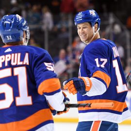 Oct 8, 2018; Brooklyn, NY, USA; New York Islanders left wing Matt Martin (17) celebrates his goal with New York Islanders center Valtteri Filppula (51) against the San Jose Sharks during the third period at Barclays Center. Mandatory Credit: Dennis Schneidler-USA TODAY Sports