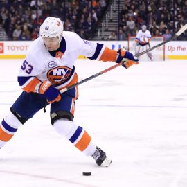 Feb 14, 2019; Columbus, OH, USA; New York Islanders center Casey Cizikas (53) takes a shot against the Columbus Blue Jackets in the third period at Nationwide Arena. Mandatory Credit: Aaron Doster-USA TODAY Sports