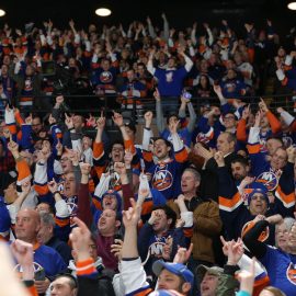 Feb 28, 2019; Brooklyn, NY, USA; New York Islanders fans celebrate a goal against the Toronto Maple Leafs during the second period at the Nassau Veterans Memorial Coliseum. Mandatory Credit: Brad Penner-USA TODAY Sports