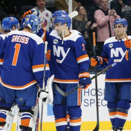 Mar 5, 2019; Uniondale, NY, USA; New York Islanders goalie Thomas Greiss (1) celebrates with teammates after defeating the Ottawa Senators in a shootout at Nassau Veterans Memorial Coliseum. Mandatory Credit: Brad Penner-USA TODAY Sports