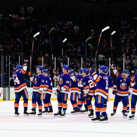 Mar 11, 2019; Uniondale, NY, USA; The New York Islanders react to fans after winning 2-0 against the Columbus Blue Jackets at Nassau Veterans Memorial Coliseum. Mandatory Credit: Catalina Fragoso-USA TODAY Sports