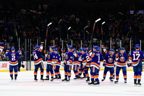 Mar 11, 2019; Uniondale, NY, USA; The New York Islanders react to fans after winning 2-0 against the Columbus Blue Jackets at Nassau Veterans Memorial Coliseum. Mandatory Credit: Catalina Fragoso-USA TODAY Sports