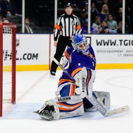 Mar 11, 2019; Uniondale, NY, USA; New York Islanders goalie Thomas Greiss (1) deflects a puck against the Columbus Blue Jackets during the third period at Nassau Veterans Memorial Coliseum. Mandatory Credit: Catalina Fragoso-USA TODAY Sports