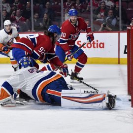 Mar 21, 2019; Montreal, Quebec, CAN; Montreal Canadiens forward Jonathan Drouin (92) scores a goal against New York Islanders goalie Thomas Greiss (1) during the second period at the Bell Centre. Mandatory Credit: Eric Bolte-USA TODAY Sports