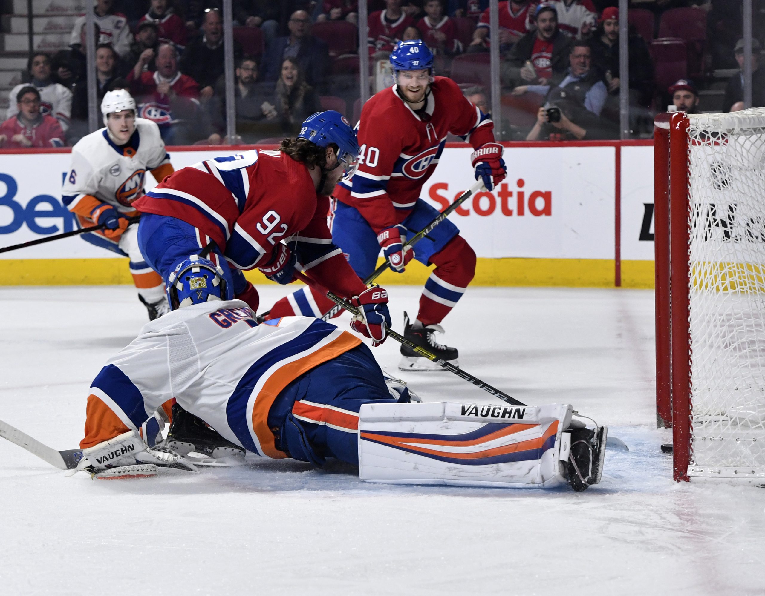 Mar 21, 2019; Montreal, Quebec, CAN; Montreal Canadiens forward Jonathan Drouin (92) scores a goal against New York Islanders goalie Thomas Greiss (1) during the second period at the Bell Centre. Mandatory Credit: Eric Bolte-USA TODAY Sports