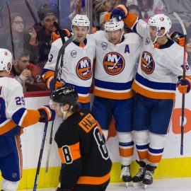 Mar 23, 2019; Philadelphia, PA, USA; New York Islanders right wing Josh Bailey (12) celebrates celebrates after scoring a goal during the third period against the Philadelphia Flyers at Wells Fargo Center. Mandatory Credit: Bill Streicher-USA TODAY Sports