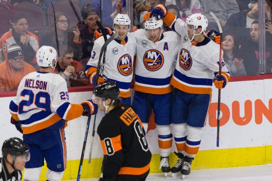Mar 23, 2019; Philadelphia, PA, USA; New York Islanders right wing Josh Bailey (12) celebrates celebrates after scoring a goal during the third period against the Philadelphia Flyers at Wells Fargo Center. Mandatory Credit: Bill Streicher-USA TODAY Sports
