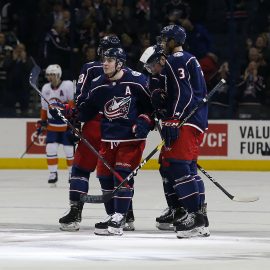 Mar 26, 2019; Columbus, OH, USA; Columbus Blue Jackets right wing Cam Atkinson (13) celebrates a goal during the third period against the New York Islanders at Nationwide Arena. Mandatory Credit: Russell LaBounty-USA TODAY Sports